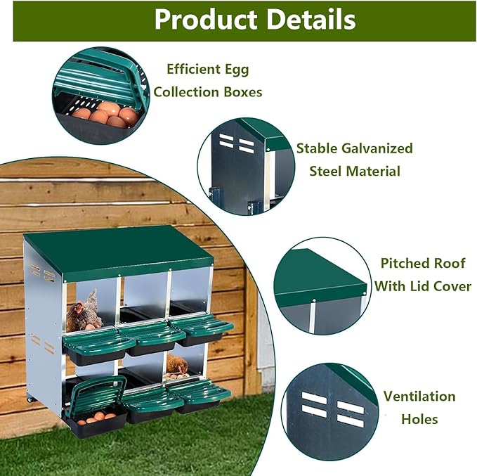 Chicken Nesting Box, 2-Tier Chicken Laying Boxes for Hens, 10 Hole Nesting Boxes for Chickens, Roll Away Nest Box for Laying Eggs, Roll Out, Easy Egg Collection (Green, 6-Holes Without Legs)