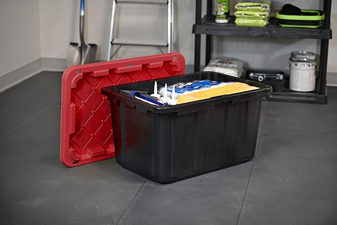 CX BLACK & YELLOW, XTRA TALL 27-Gallon Heavy Duty Tough Storage Container & Snap-Tight Lid, (28.5L x 19.4W x 15.2H), Weather-Resistant Design and Stackable Organization Tote [4 Pack]
