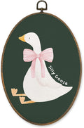 LKETW Coquette Pink Bow Silly Goose Oval Wall Art Decor, Dark Green Goose Oval Canvas Hanging Decor, Preppy Farmhouse Animal Wall Decorations for Girly Room Bedroom Dorm Home, 8.6x11.4 Inch