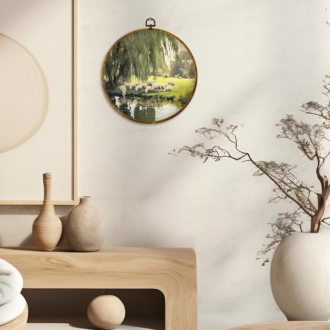 CUANFDDSF Rustic Farmhouse Sheep Round Wall Art, Retro Countryside Landscape Cottagecore Framed Hanging Wall Decor, Country Farm Life Animal Canvas Prints Decorations for Home Living Room, 10x10 Inch