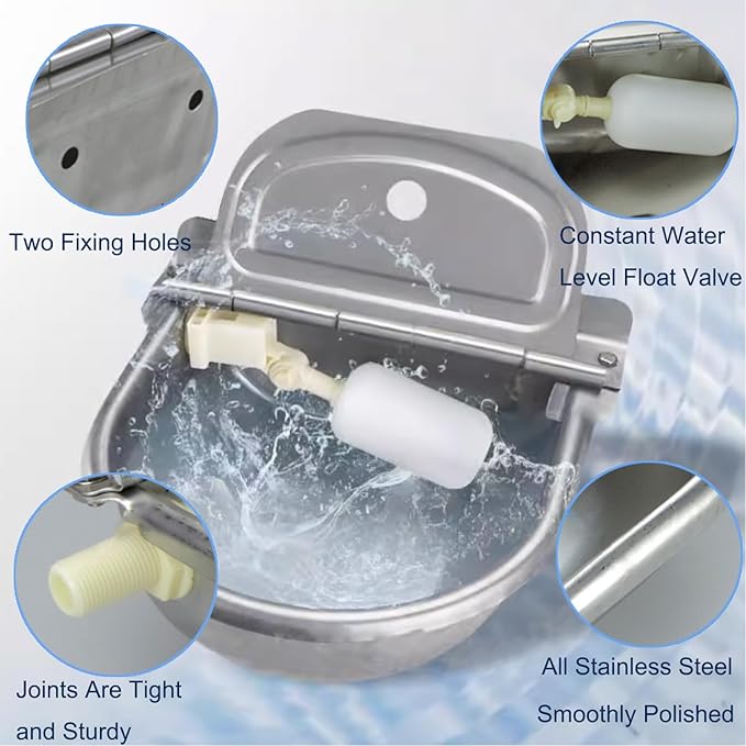 Automatic Animal Drinking Water Trough Bowl, 304 Stainless Steel Outdoor Waterer for Dog Horse with Float Valve includes Bowl, Pipe Hose, 2 Float Valves, Quick Connector Adapter and Countersunk Bolts