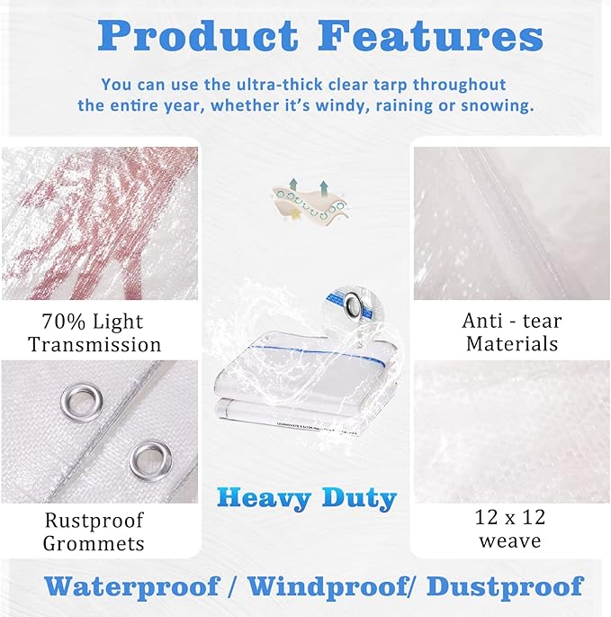 UCINNOVATE Clear Tarps Heavy Duty Waterproof 6.5 x 13ft, 120GSM Translucent Greenhouse Tarp with Grommets, Clear Plastic Tarp Cover for Garden Patio Lawn Plants Boat or Pet Hutch Roof