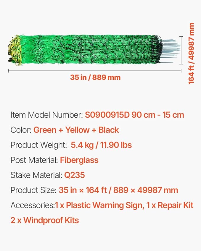 Portable Electric Fencing Net - 35.4" H x 164' L, Double Spike Sheep Netting for Dogs, Hogs, and Deer - Ideal for Backyards, Farms, and Ranches