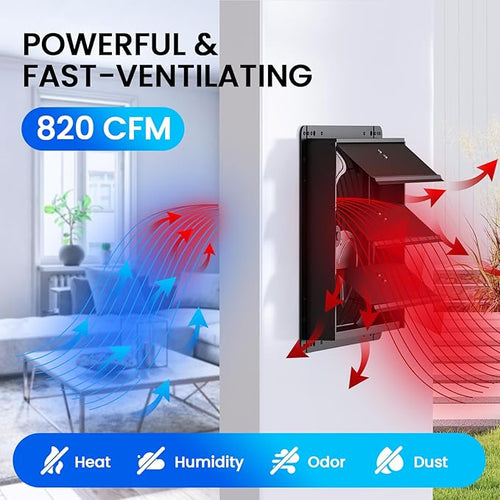 10" Wall Mounted Shutter Exhaust Fan, Attic Fan with Thermostat Humidity Controller, 10-Speed Adjustable, 820 CFM, Automatic Shutter, Vent Fan for Greenhouses, Garages, Shop, Chicken Coops