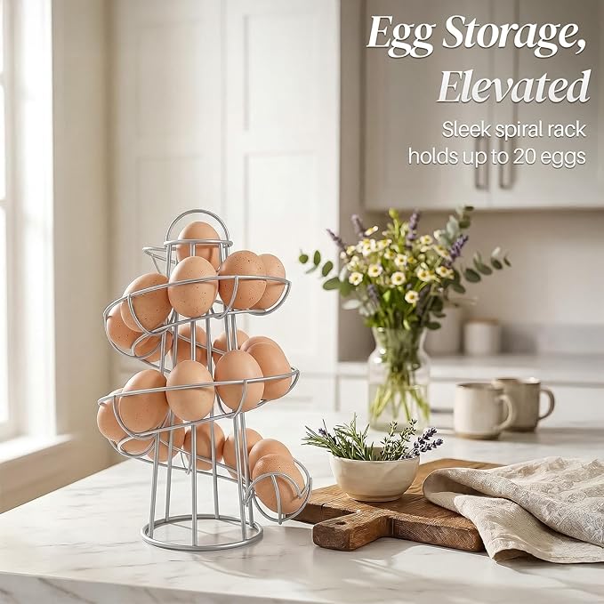 Flexzion Egg Skelter Modern Spiral Egg Holder Countertop (Medium Egg Display) - Freestanding Wired Countertop Egg Holder for Fresh Eggs, Dispenser Stand, Storage Rack for Kitchen, Silver