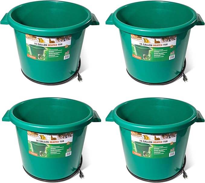 Farm Innovators 4 Pack Heated Water Bucket, 200W Heating Power - 16 Gallon Plastic Bucket with Replaceable Heating Element for Livestock Watering & Feeding