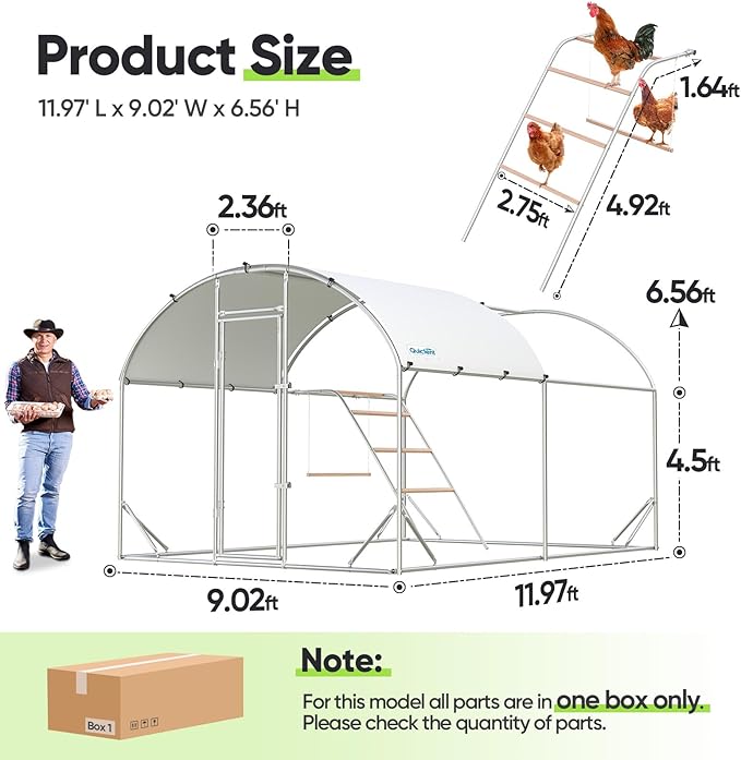 Quictent Essential Series 12x9x6.6ft Metal Chicken Coop Run with Climbing Ladder, Walk-in Outdoor Poultry Cage with PVC Coated Chicken Wire, Hen Duck Rabbit Farm House, Waterproof Anti-UV Cover
