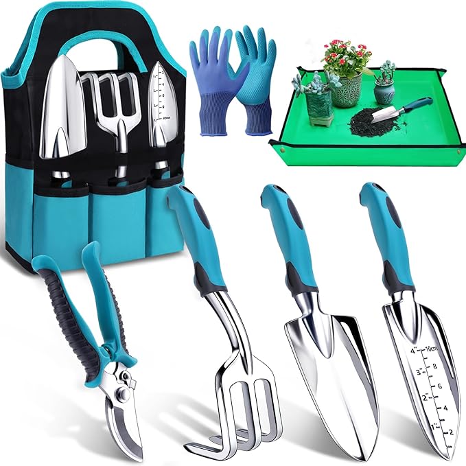 Kynup Garden Tools, 7 Piece Gardening Gift for Women&Men, Gardening Hand Tools Set, Ideal Gardening Supplies, Essentials, Garden Stuff, Rust-Proof, Stainless Steel, Aluminum Alloy Material