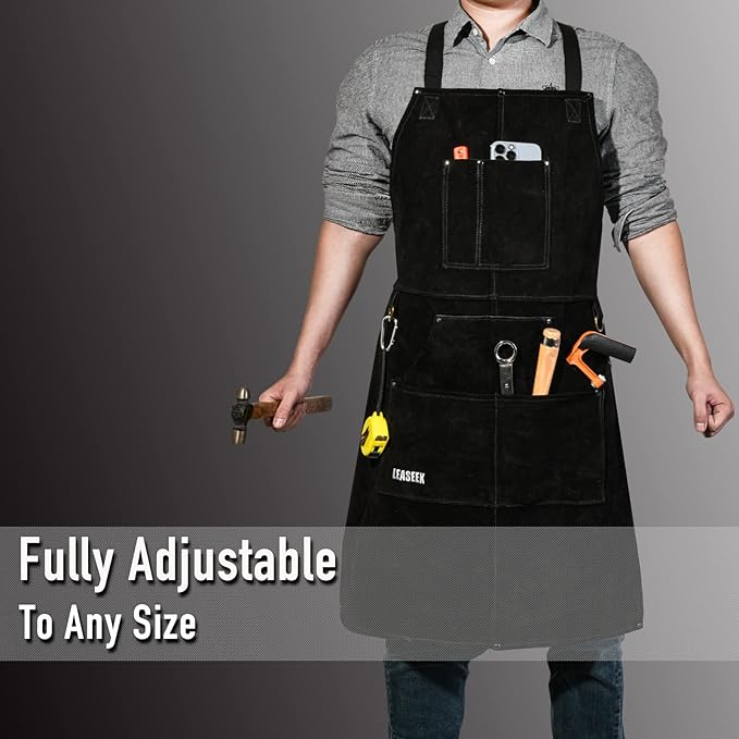 LeaSeek Leather Welding Apron,Heat & Flame-Resistant Heavy Duty Work Apron with 6 Pockets,Woodworking Shop Apron