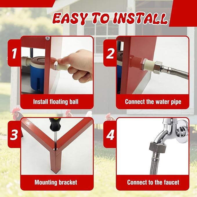 Automatic Chicken Waterer with Float Valve,Stainless Steel Automatic Chicken Watering System with Hose and Bottom Bracket,Large Poultry Waterer Dispenser for Chicken Duck,Goose,Quail, Turkey