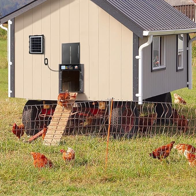 Automatic Chicken Coop Door Solar Powered,Aluminum Alloy Auto Door with Timer & Light Sensor, LCD Display, Solar Chicken Coop Door Anti-Pinch & Weatherproof, Vertical Sliding Door