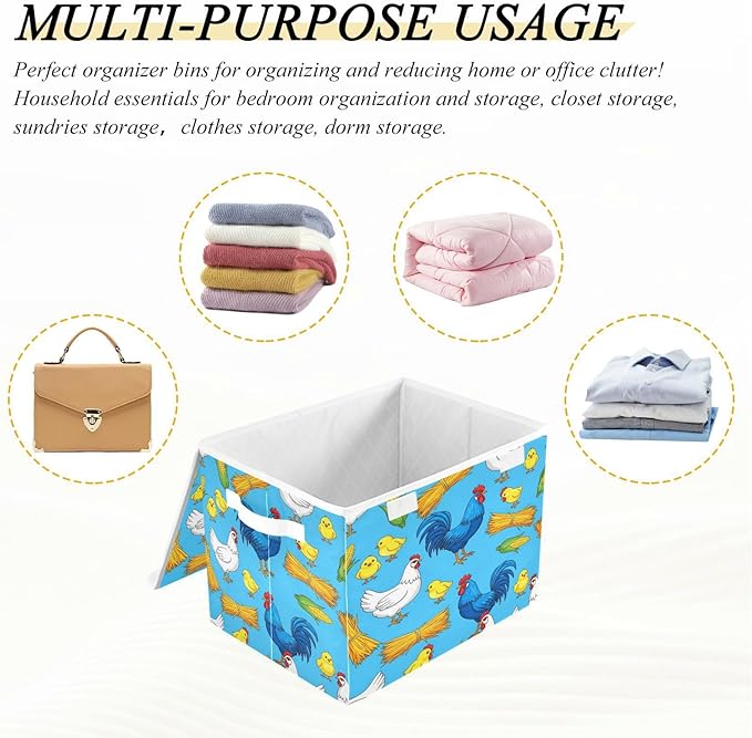 Chicken Rooster Chick Storage Bins with LidsCorn Hay Farm Blue Foldable Storage Basket with Handles Collapsible Large Fabric Organizer Containers for Clothes Shelves Closet Office Home