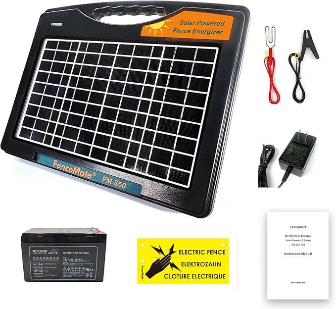 FenceMate Solar Powered Fence Charger 0.65J to 30 Miles for Containment of Livestock, Poultry or Hobby Farming, Portable Electric Fence Charger for Exclusion of Nuisance or Wild Animals Low Impedance
