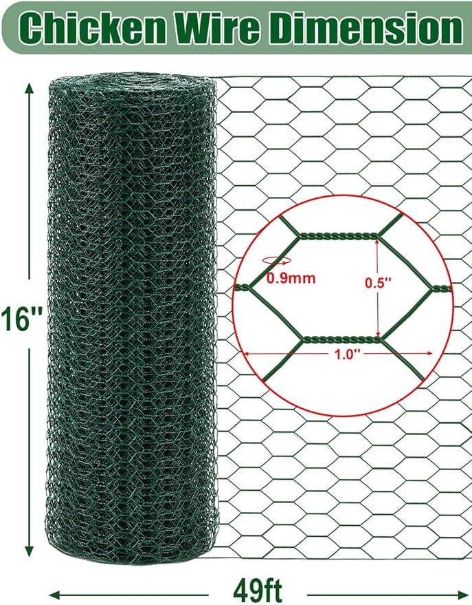 TOYPOPOR Chicken Wire, 16''x 600''/49ft Mesh Roll for Floral Arrangements, Anti-Rust PVC Coated Garden Netting, Rabbit Animal Fence with Cutting Plier, Gloves and Ties for DYI Crafts, Poultry, Garden