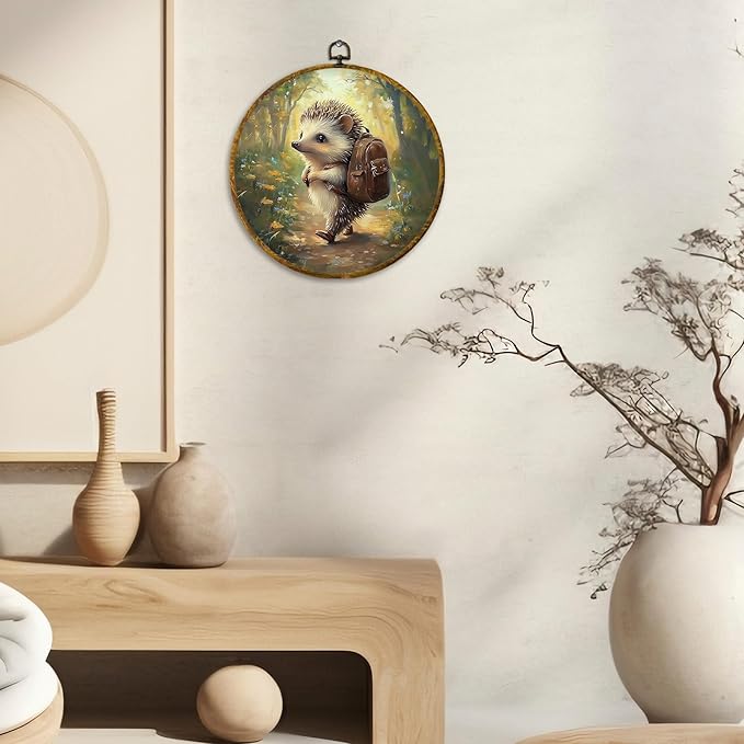 CUANFDDSF Nature Forest Hedgehog Round Wall Art, Cute Jungle Animal Framed Hanging Wall Decor, Cottagecore Forest Animal Canvas Prints Decorations for Home Bedroom Living Room, 10x10 Inch