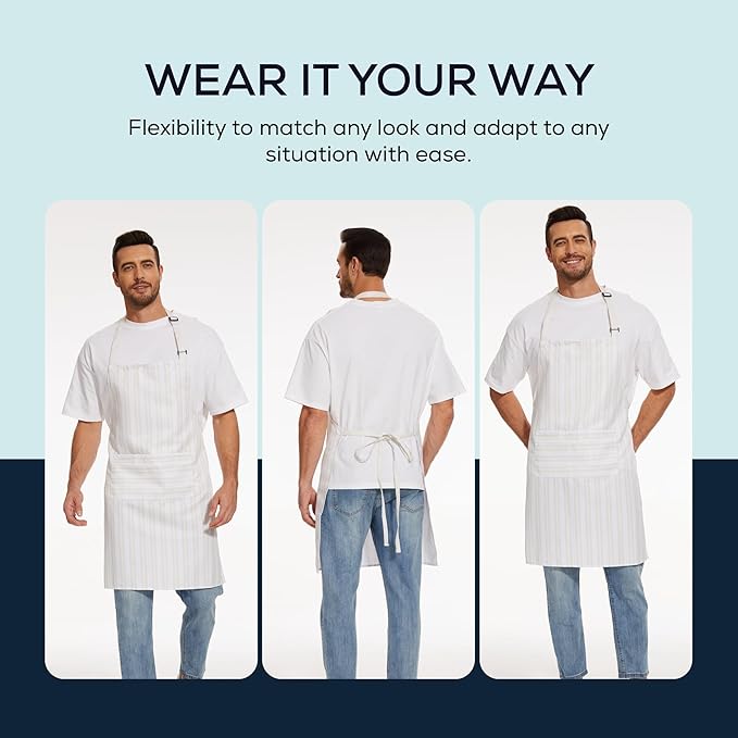 Will Well Kitchen Apron for Men and Women - 33" x 27" Oil-and-Water-Resistant with Adjustable Neck Strap and 38" Waist Ties for a Snug Fit, Lightweight with 2 Front Pockets - 2-Pack, White Stripe