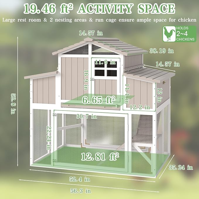 56.03" L 2-Story Chicken Coop with Run,Fir Wood Chicken House Hen House with 2 Large Nesting Boxes,Expandable Poultry Cage for 2-4 Chicken with 4 Perching Bars,Pull-Out Tray,Ramps