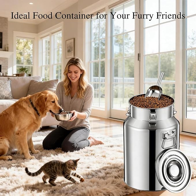 15 Lbs Stainless Steel Dog Food Storage Container with Scoop, Large Metal Dog Food Bin with Airtight Lid & Locking Clamp, Pet Treat Jars for Dogs & Cats, Keep Fresh, Easy to Clean
