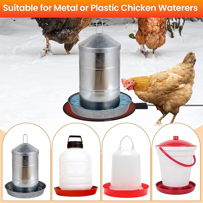 Chicken Water Heater for Winter, 6'' Heated Waterer Base for Metal/Plastic Poultry Waterer, 2-Temperature Settings, Built-in Thermostat (140°F - 194°F), Silicone Coop Heater with 6ft Power Cord (1PC)