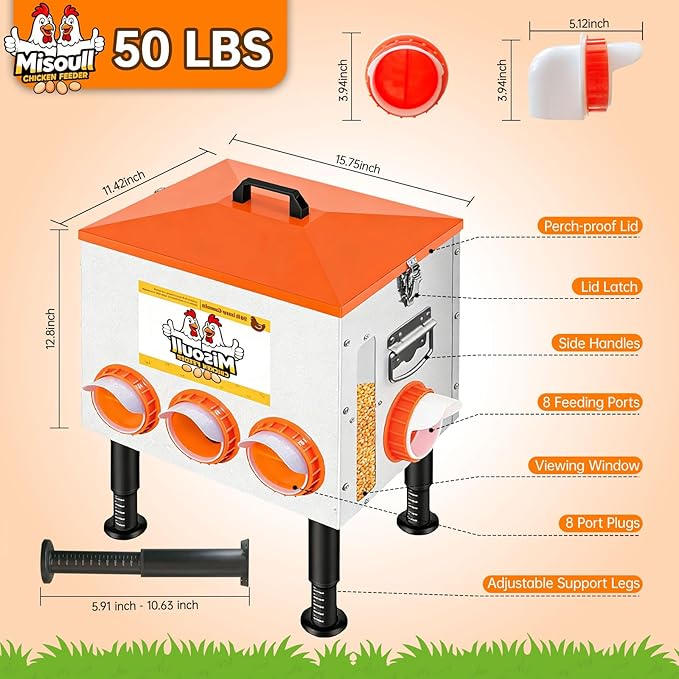 Upgraded Automatic Chicken Feeder, 50 LBS Large Rust-Proof Alloy Steel Chicken Feeders No Waste with 8 Feeding Ports, 2 View Windows, Poultry Feeding Equipment with Adjustable Legs
