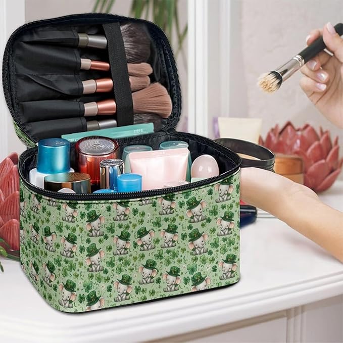 Travel Makeup Bags for Women Portable Tote Cosmetic Case with Carry Handle Toiletry Accessories Storage Organizer Bags for St. Ptrick's Day, Cute Elephant Shamrock