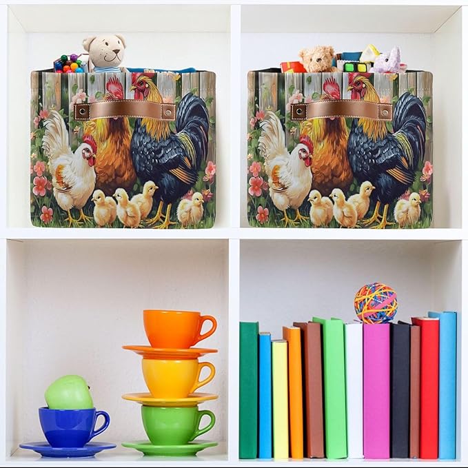 ALAZA Rooster Chicken Hen Garden Farm Storage Basket Large Foldable Canvas Storage Bin with Handle Rectangular Decorative File Box Fabric Boxes for Shelf Closet, 1 Pack