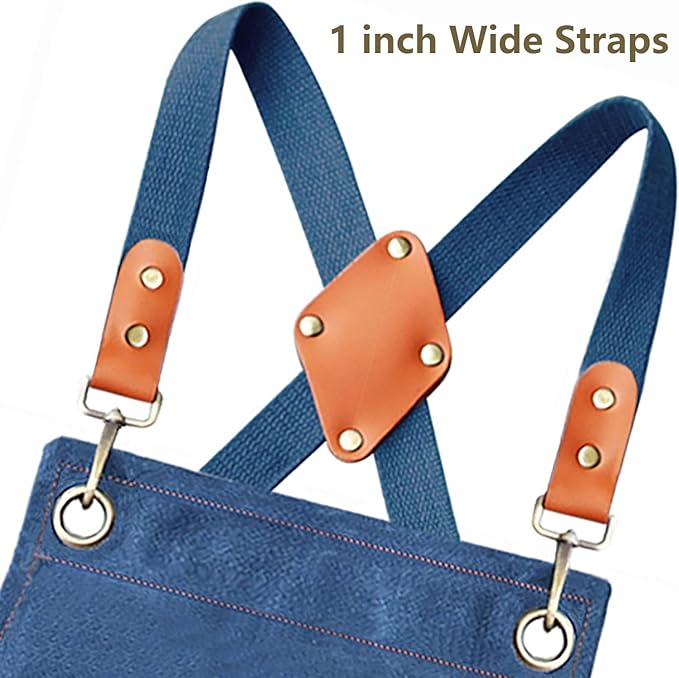 AFUN Work Aprons for Men with Large Pockets, Cotton Canvas Cross Back Heavy Duty Adjustable Tool Apron, Size M to XXL (Darkblue)