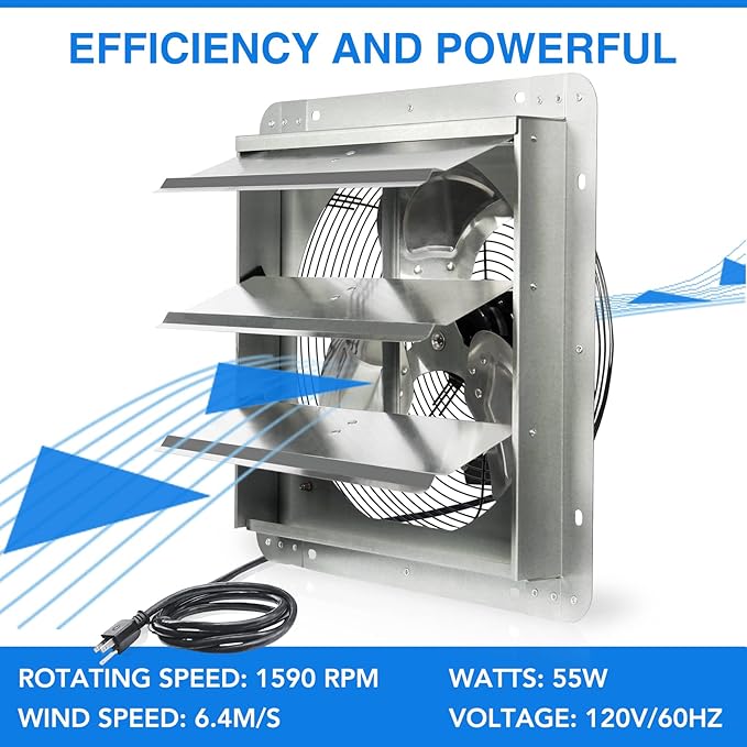 KEN BROWN 14 Inch Shutter Exhaust Fan, Gable Vent Fan, Wall Mount Ventilation, High Speed 1950 CFM, Automatic Aluminum Blades, for Garages, Shop, Greenhouse, Attic, with Power Cord