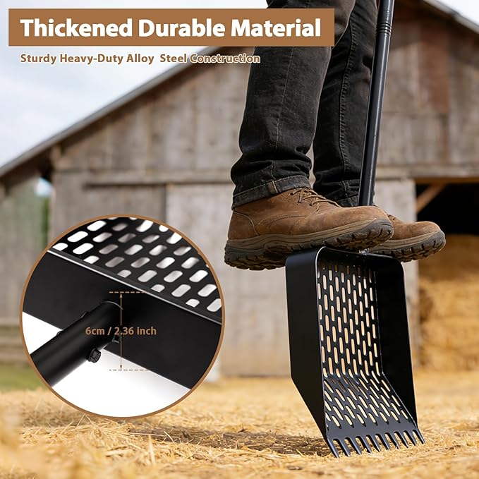 Large Chicken Poop Scooper & Rake 2-in-1, Heavy Duty Metal Pooper Scooper with 43" to 90" Adjustable Stainless Steel Handle, Sand Sifting Shovel for Chicken Coops & Farm Animals Little Scoop