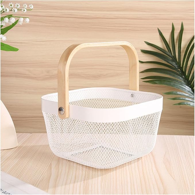 Metal Mesh Wire Basket, Mini Steel Basket with Wooden Handle Storage Organizer Basket Multi-functional Hanging Kitchen Baskets Fruit Baskets for Kitchen Bathroom Cabinet Pantry Snacks, White