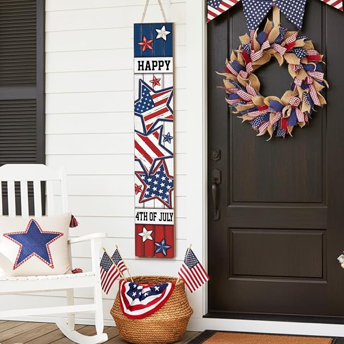 47" Large 4th of July Front Porch Sign Patriotic Wooden Vertical Door Sign with American Flag Colors Red White Blue Outdoor Decor for Independence Day 250th Anniversary Home Entryway