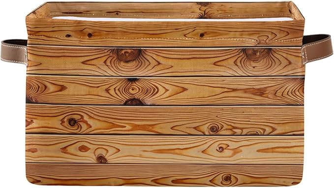 Rustic Wood Grain Storage Bins Collapsible Storage Basket with Metal Frame, Fabric Shelves Bins Closet Baskets with Handles, 1-Pack