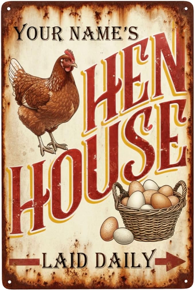 Custom Name Hen House Tin Sign, Personalized Vintage Style Chicken Coop Sign Decor, Rustic Farmhouse Metal Plaque, Ideal Farmhouse Decor for Coops & Home
