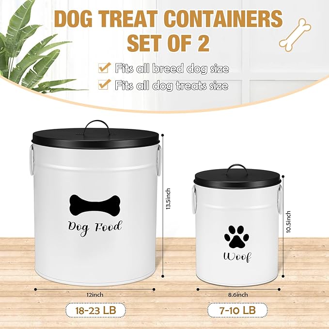 Extra Large 23+10 lbs Metal Dog Food Storage Containers Set of 2 Airtight Dog Treat Snack Jars with Lids and Spoon Farm House Style Big Pet Cookie Jar for Kitchen Counter Gift