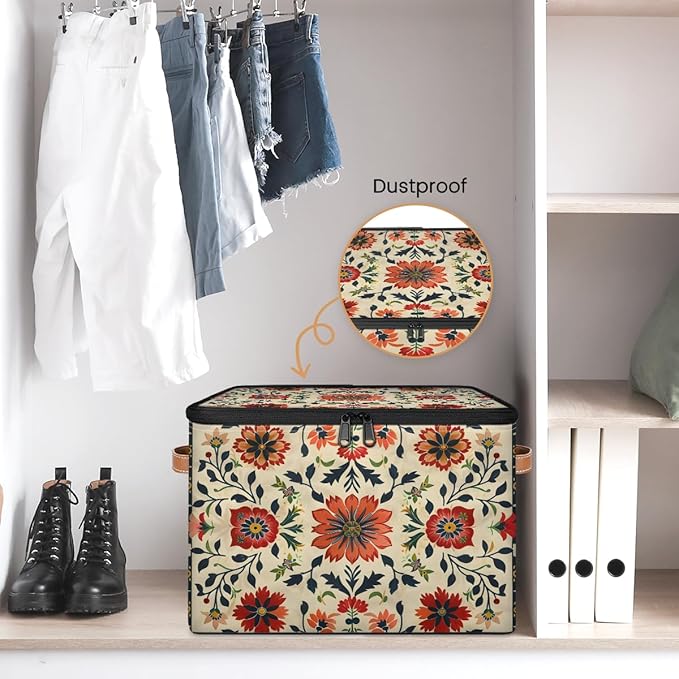 Boho Vintage Floral Pattern Storage Bins with Zipper Lid Fabric Storage Containers for Clothes Collapsible Closet Storage Basket with Metal Frame 2 Pack