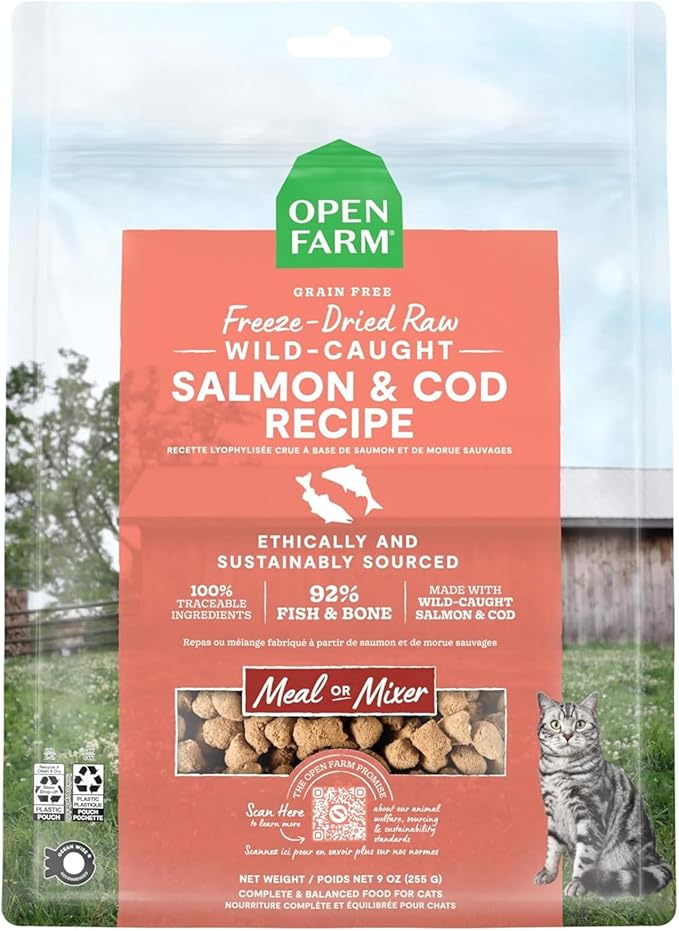 Open Farm, Freeze Dried Raw Cat Food, Complete Meal Morsels or Cat Treats with 92% Meat, Organs & Bone, Wild-Caught Salmon & Cod Recipe, 9oz Bag