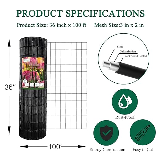 Black PVC Coated Welded Wire Fence 36 Inch x 100 Foot, 2 Inch x 3 Inch 16GA, Garden Border Fencing Roll Vinyl Coating Metal Wire Mesh for Yard Vegetable Plant Protection Poultry Netting