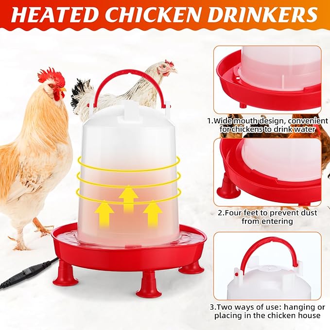4 Pack 6l Heated Chicken Feeder and Waterer Kit Poultry Waterer Fountain with Leg Support for Chicks Coop Feeding Farm Supplies Birds Duck