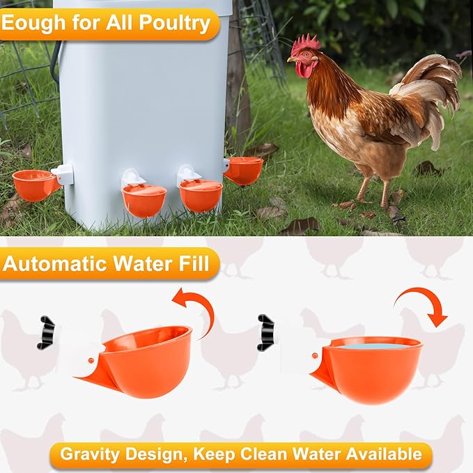 Chicken Water Cups 12 Pack, Automatic Filling Waterer Feeder Bowl, Gravity Poultry Watering System, Chicken Water Dispenser, Chicken Coop Accessories for Hens, Duck, Goose, Turkey (Orange)