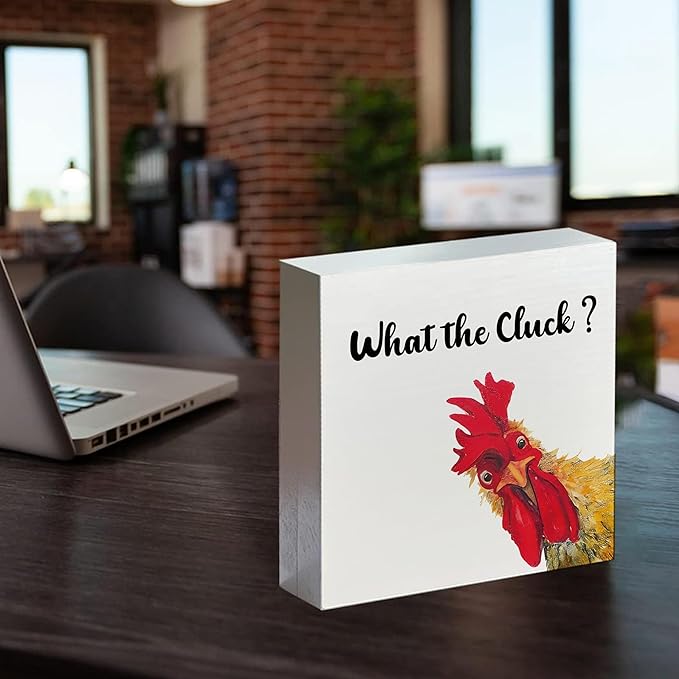 Funny Rooster Wooden Box Sign - Rooster Kitchen Decor, Rooster Decor, Rustic Farmhouse What the Cluck Rooster Wooden Box Sign for Home Shelf Desk Table 5x5 Inch