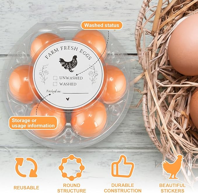 Zhehao 40 Pack Round 6 Count Plastic Egg Cartons Bulk with Date Stickers Half Dozen Egg Cartons Clear Reusable Holders for Fresh Eggs Storage for Farms Family, Markets Display