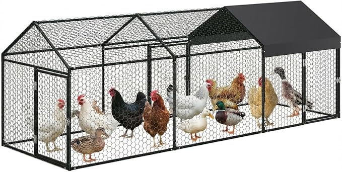 Metal Chicken Coop, 120" X40" X40" Large Chicken Run with 3 Doors, Outdoor Hen House for Yard with Waterproof and Anti-UV Cover, Walk in Poultry Cage for Rabbit Duck Goose, Black