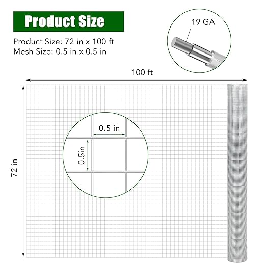 19 Gauge Hardware Cloth 72In x 100Ft – 1/2 Inch Galvanized Welded Wire Mesh | Chicken Wire Fence for Garden Farm Yard, Poultry Netting & Animal Plant Protection – Silver