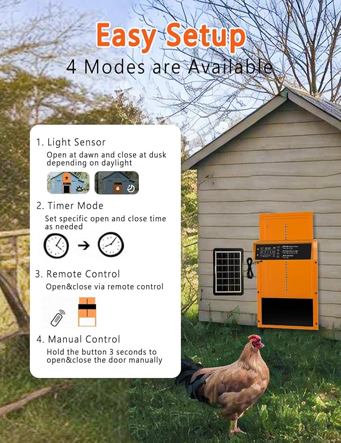 Automatic Chicken Coop Door Solar Powered, LCD Display, Durable Aluminum Alloy Chicken Door with Timer & Light Sensor Setting, Remote Control, Weatherproof, Energy-Saving, Solar Panel or USB Charging
