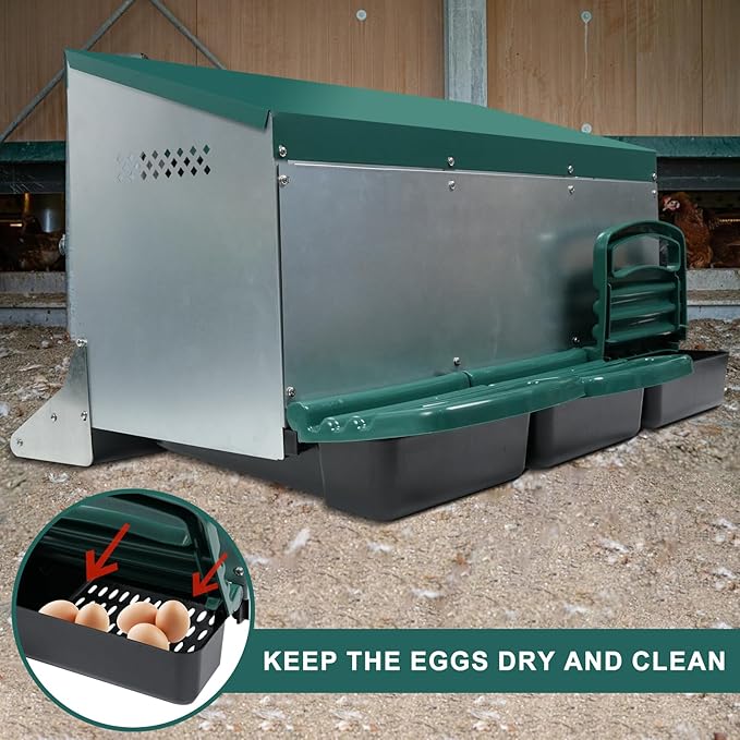 Chicken Nesting Box, 3 Holes Nesting Boxes, Heavy Duty Metal Laying Boxes, Roll Away Nesting Box Egg Collection Tray, with Roosting Pole for Chicken Coop(Green)