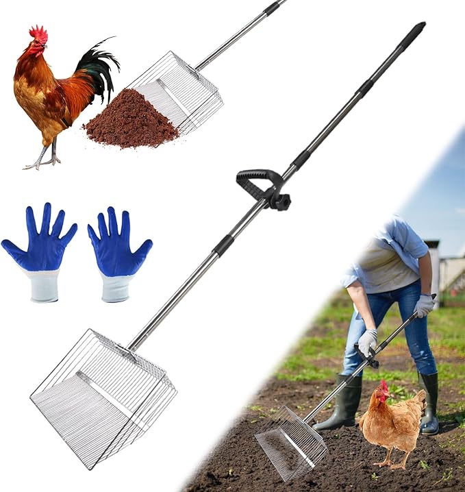 15 Inch Chicken Coop Scoop & Rake 2-in-1, Adjustable Stainless Steel Handle, Chicken Litter Scoop, Large Metal Shovel Head, Sifting Litter Shovel Scoop for Coop Cleaning and Poultry Care