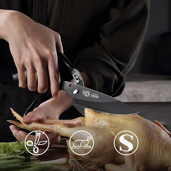 MITSUMOTO SAKARI Japanese Kitchen Scissors Heavy Duty, Titanium Plating Alloy Steel Poultry Shears with Non-Slip Handle, Multipurpose Detachable Scissors for Chicken, Fish, Meat, Bone & Vegetables