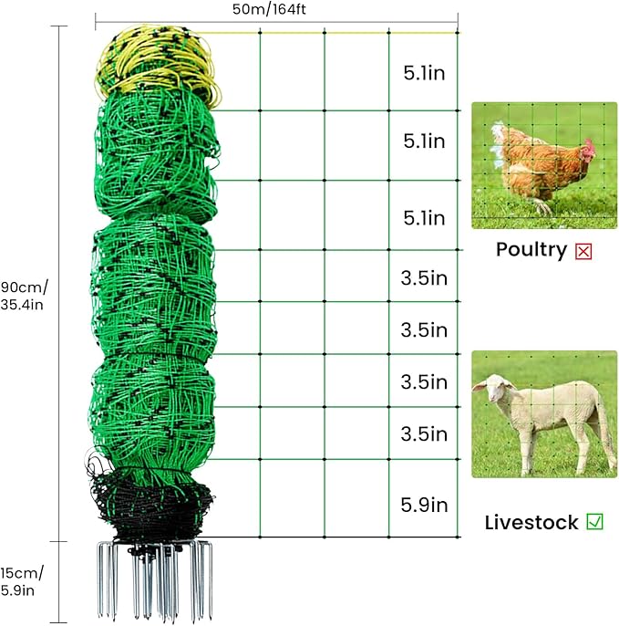 Electric Fence Netting, 164'L x 35.4" H Movable Livestock Nets for Sheep, Hogs, Cattle, PE Net Fencing Kit with 14 Posts Double Spiked, Electric Fencing for Backyards, Homesteaders, Farms Ranches