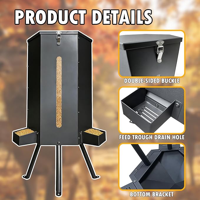 80 lbs Galvanized Steel Gravity Deer Feeder | Weatherproof & Anti-Rust Wildlife Game Feeder with 3 Feeding Trays & 3-Leg Stand | Automatic Corn Dispenser for Deer, Goats, Horses