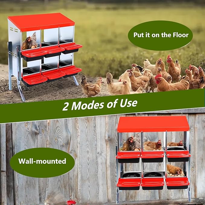 Chicken Nesting Box, 2-Tier Chicken Laying Boxes for Hens, 10 Hole Nesting Boxes for Chickens, Roll Away Nest Box for Laying Eggs, Roll Out, Easy Egg Collection (Red, 6-Holes with Legs)